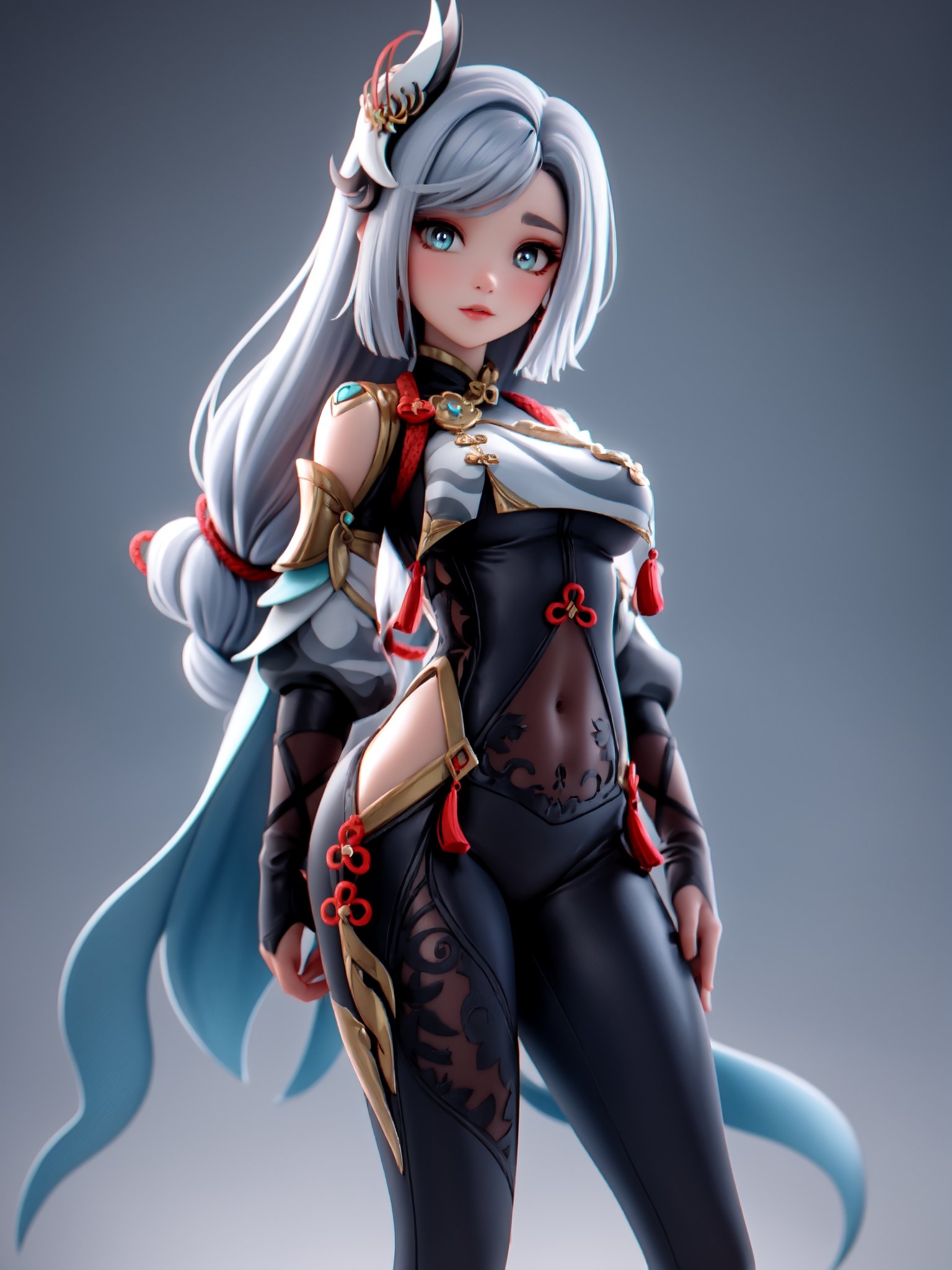 masterpiece, best quality, highres, pvc, render, chibi,masterpiece, best quality, ,1girl,shenhe \(genshin impact\), grey hair,long hair,hair ornament, blue eyes,braided ponytail,puffy sleeves,gold trim,gloves,bodysuit, medium breasts, breast curtain, shoulder cutout,covered navel,hip vent,clothing cutout, tassel, mountain background