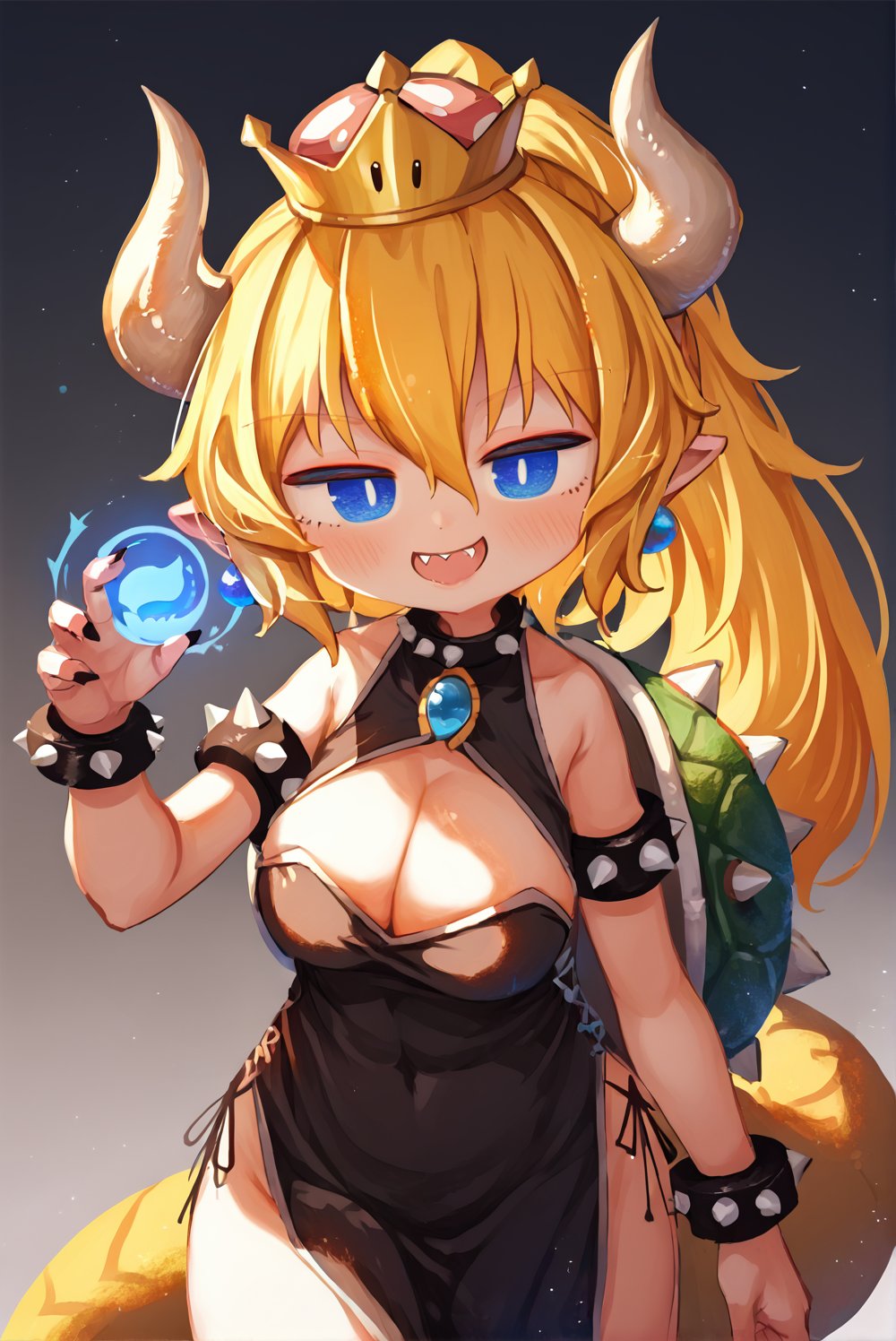 score_9_up, score_8_up, score_7_up, source_anime, 1girl, bowsette, (blonde hair:1.1), (white horns:1.2), (pointy ears:1.1), (blue eyes:1.2), (hair between eyes:1.1), (ponytail:1.1), spiked shell, tail, nail polish, fang, sharp teeth, (crown:1.2), (spiked armlet:1.1), earrings, cleavage, smile, vn, chinese clothes, hair ornament, jewelry, floating hair, shoulder armor, cowboy shot, (detailed:1.05), (extremely detailed:1.06), sharp focus, (intricate:1.03), (extremely intricate:1.04), [beautiful face:0.9], [perfect eyes:0.8], [detailed skin:0.8], [detailed face:0.8], [detailed eyes:0.8], [detailed hair:0.8], [detailed lips:0.8], low contrast, soft cinematic light