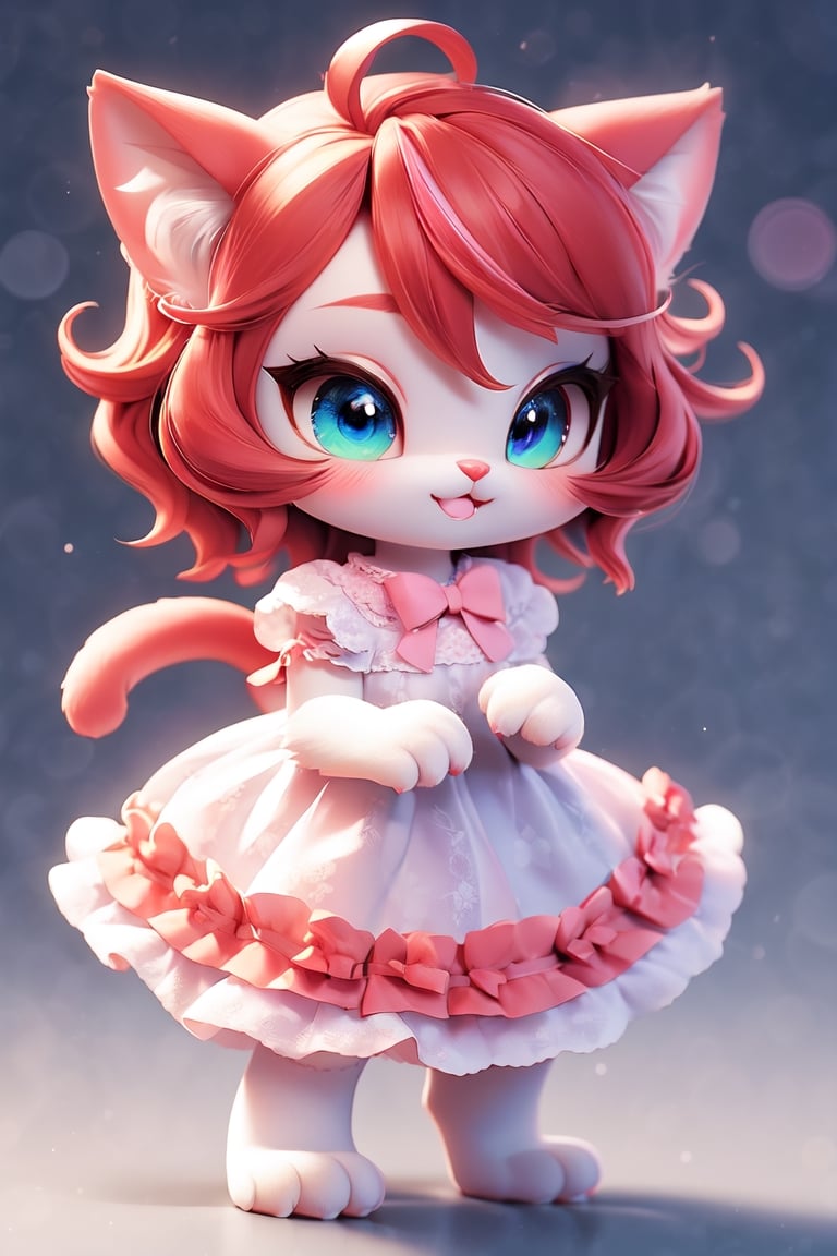 (Masterpiece, best quality:1.3), 3d, render, pvc, highly detailed, fantasy, (centered:1.3), 8k, dynamic, full body, 1girl, anthro, furry, solo, baby face, cute, smile, (detailed eyes, detailed face), ((red hair)), layered dress, lace, frills, (((simple background))), (details), perfect, beautiful, dreamy, colorful, vivid, cinematic, ultra-detailed, perfect hands, (depth of field), (light blush), various colors, pastel colors, (gradients), bloom:0.2, shadow, sharp focus, cat,3D,chibi