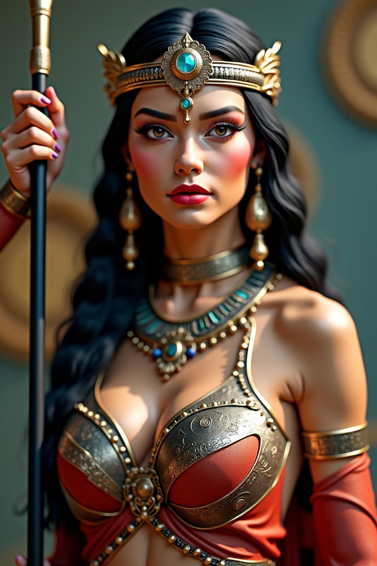 ((full body view,masterpiece: 1.2), (best quality, ultra detailed, photorealistic: 1.3) high quality, high definition, super detailed, award-winning photograph, a gorgeous goddess hold a spear, full makeup, facing the viewers, looking at viewers, detailed face, expressive eyes, ultra realistic photography, 8k, cinematic lighting, volumetric lights, hard edge lighting, hyper-realistic photography, HDR,  volume, airbrush, poster, frame, Art Decó,  relief, masterpiece, intricate details,, abstract, surreal colours, fractal art