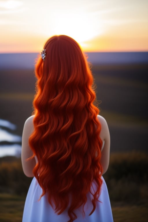 (woman) looking into the sunset , GirL8,red head,, straight long hair