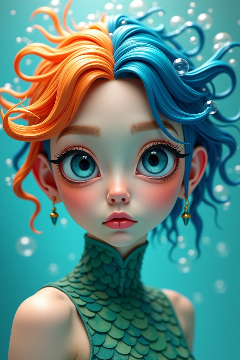 score_9, score_8_up, score_7_up,(masterpiece, top quality, best quality, official art, beautiful and aesthetic:1.2), (1girl), Frontal portrait of a whimsical and colorful woman resembling a mermaid. Fair complexion, youthful features, wide open eyes. Vibrant, gravity-defying hair in shades of blue, orange, and teal. Hair transitions into tendrils, creating an underwater illusion. Small bubbles floating around the head add to the underwater theme. Attire or visible body part resembles teal and green fish scales with vibrant colors. Overall effect: Serene and otherworldly underwater creature in quiet contemplation., FUJI XT3