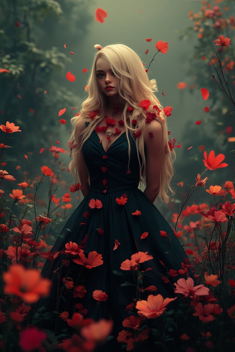 (masterpiece, best quality, ultra-detailed:1.3), 1girl, arms behind head, (smile:0.5), woman in black dress made of flower petals, garden background, dimly lit, long blonde hair, mid parted hair, pinkish skin tone, Breathtaking Fantasy Core Artwork, Intricate Photography.