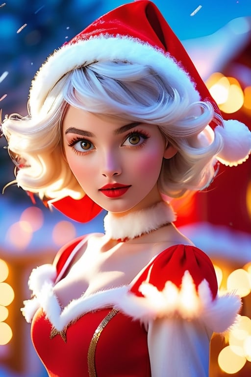 (masterpiece), expressive face , perfect face,  (24 yo woman:0.9), wearing a red and white Christmas costume, midriff , Best quality:1.2, bob grey hair, heavenly, misty, swirling dust, RAW, intricate hair, detailed skin, field of depth, 8k, radiant, professional lighting, (Glowing ambiance, enchanting radiance, luminous lighting, ethereal atmosphere, mesmerizing glow, evocative hues, captivating coloration,dramatic lighting,enchanting aura),luminous hair,rule of third, model lips