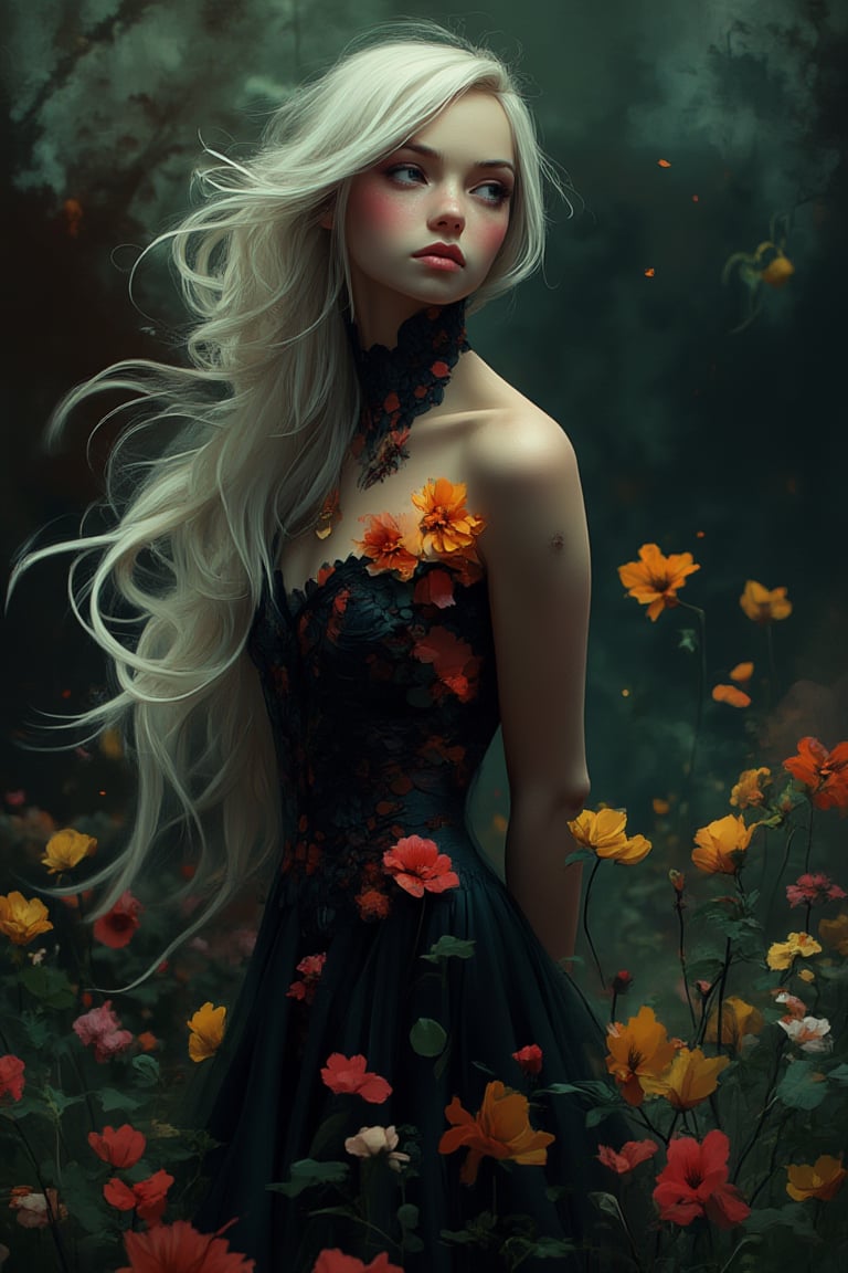 (masterpiece, best quality, ultra-detailed:1.3), 1girl, arms behind head, (smile:0.5), woman in black dress made of flower petals, garden background, dimly lit, long blonde hair, mid parted hair, pinkish skin tone, Breathtaking Fantasy Core Artwork, Intricate Photography.