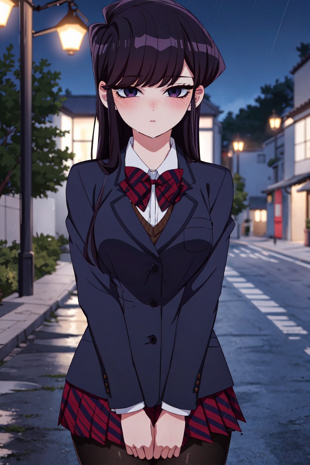 ShoukoKomi, Shouko Komi, (8k, high definition), upper body, loose hair, long eyelashes, loose hair, long hair, long sideburns, purple eyeliner, perfect eyes, embarrassed, blushing, high definition, eyes highly detailed, highly detailed, school_uniform, skirt, pantyhose, rain, wet body, night, street,