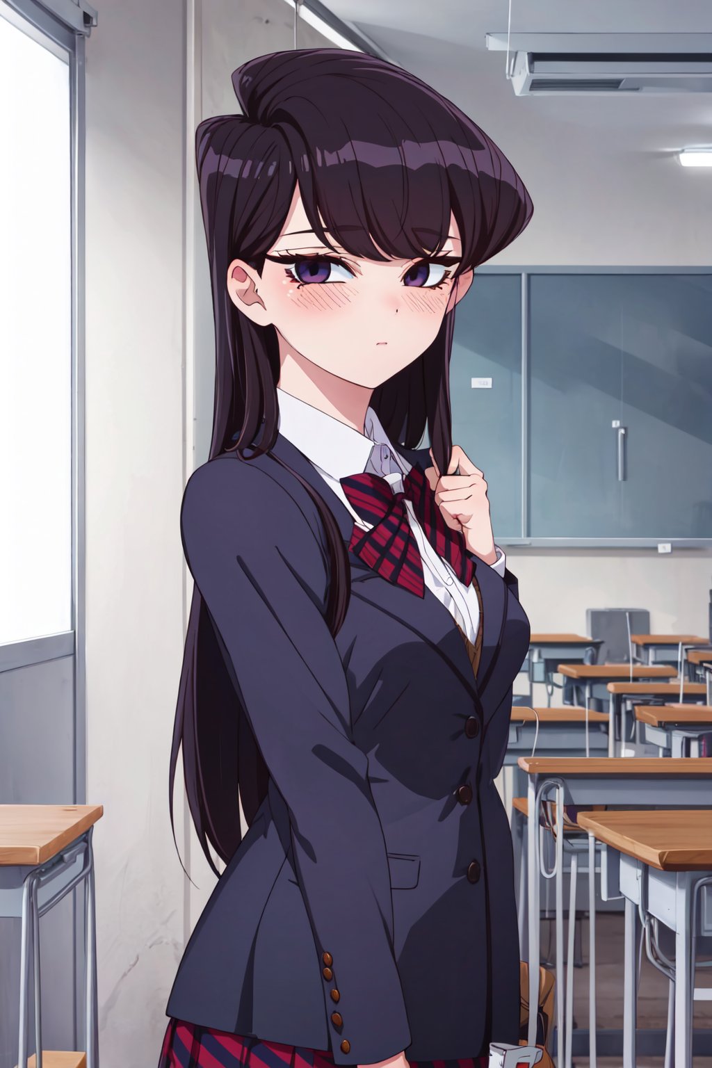 ShoukoKomi, Shouko Komi, (8k, high definition), upper body, loose hair, long eyelashes, loose hair, long hair, long sideburns, purple eyeliner, perfect eyes, embarrassed, blushing, high definition, eyes highly detailed, highly detailed, school_uniform, skirt, pantyhose, school, inside,