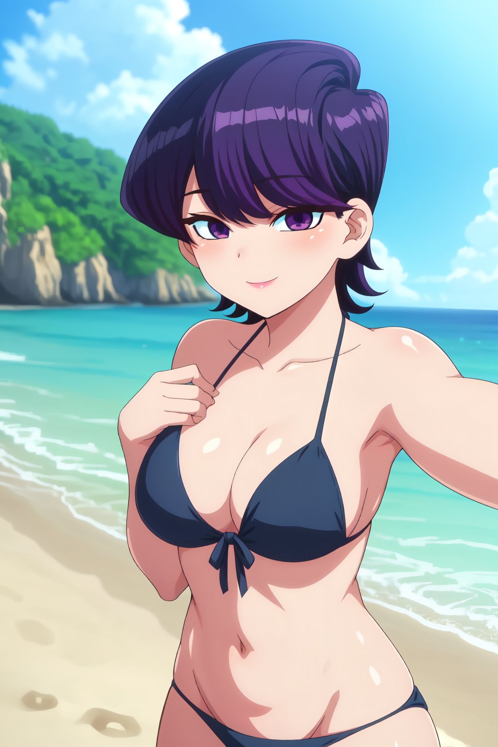 Shuuko Komi, (8k, HD), 1 girl, alone, purple hair, short hair, purple eyes, mature woman, beach, bikini, blushing, smile, selfie,