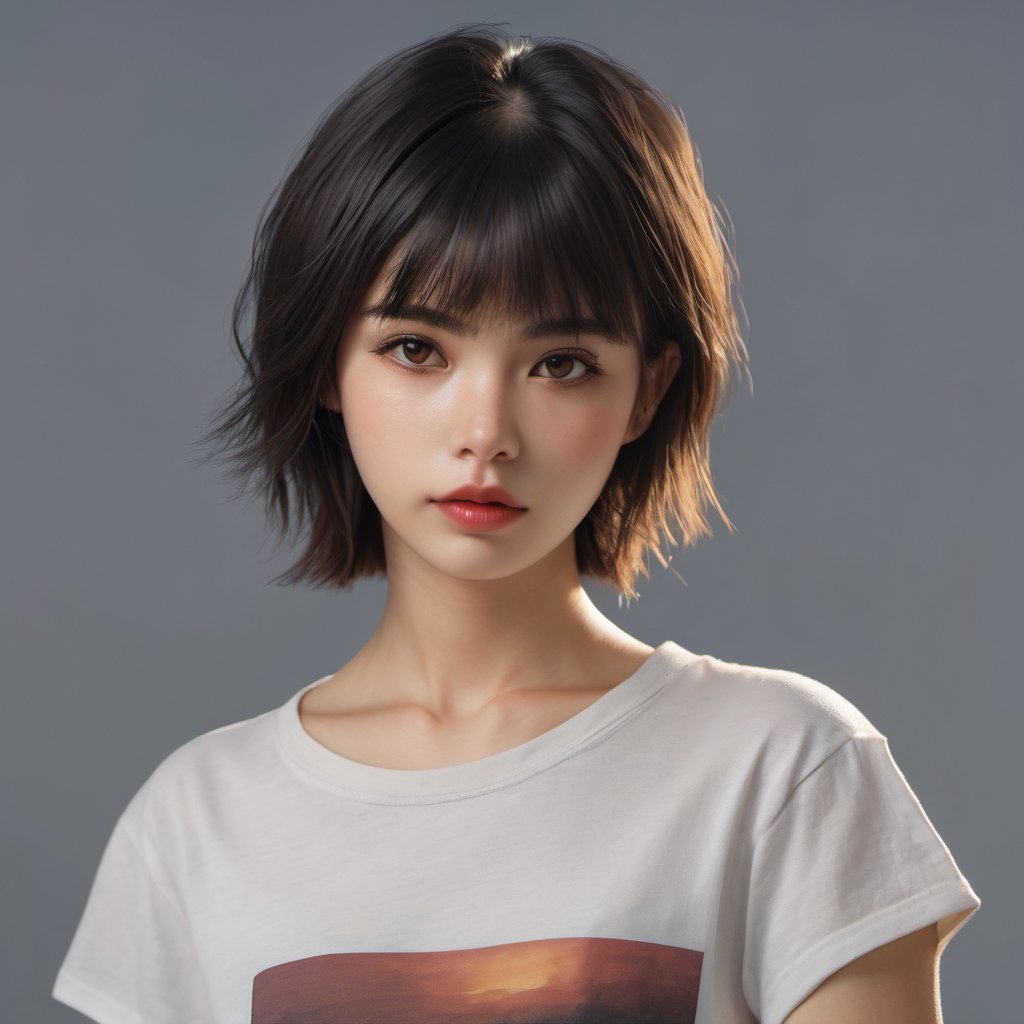 LinkGirl, 1girl, solo, short hair, realistic, looking at viewer, black hair, lips, brown eyes, upper body, blurry, parted lips, black eyes, t-shirt,
