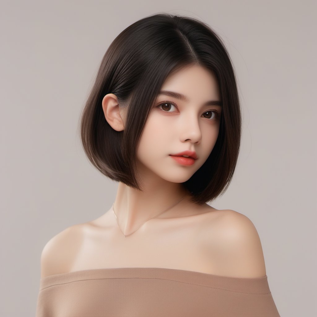 LinkGirl, 1girl, solo, bob hair, realistic, midium long shot, black hair, lips, brown eyes, upper body, blurry, brown hair, bare shoulders, parted lips, black eyes,