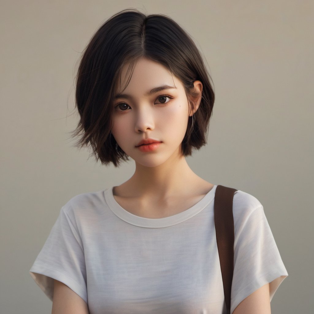 LinkGirl, 1girl, solo, short hair, realistic, looking at viewer, black hair, lips, brown eyes, upper body, blurry, parted lips, black eyes, t-shirt,
