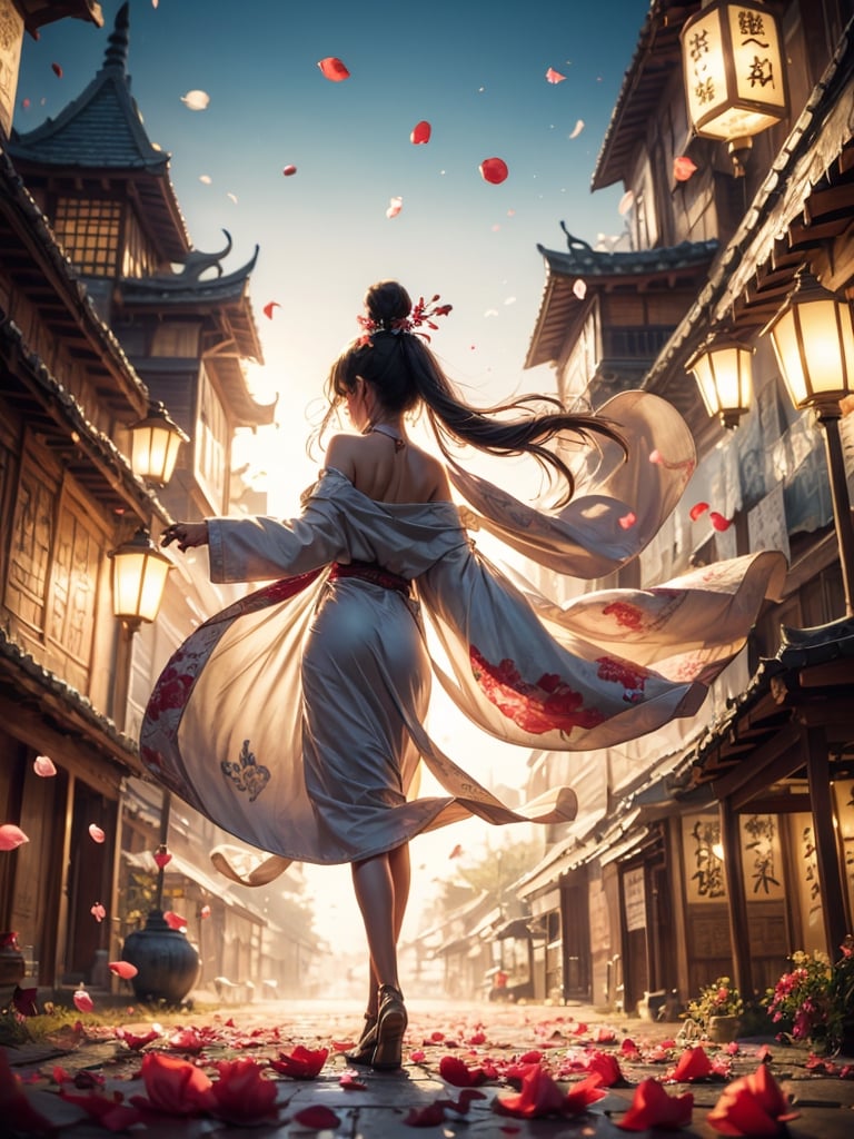 woman, (long talisman paper stuck on the forehead), Wonderland floating in the air, rainy, lantern, Petals fly, weapon