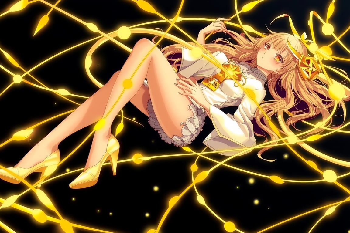 A stylized illustration of a female character with long hair, wearing stockings and high heels while lying on her side amidst golden wires or threads that create an intricate pattern around her." The artwork has a dark background which contrasts sharply against the glowing gold elements in the composition. It's rendered in what appears to be digital art style known for its smooth lines and vibrant colors. There is no text present within this particular frame captured from the original piece by artist Yoshiyasu Umezu (Berserk). This specific scene could suggest themes related to fantasy, elegance, or perhaps