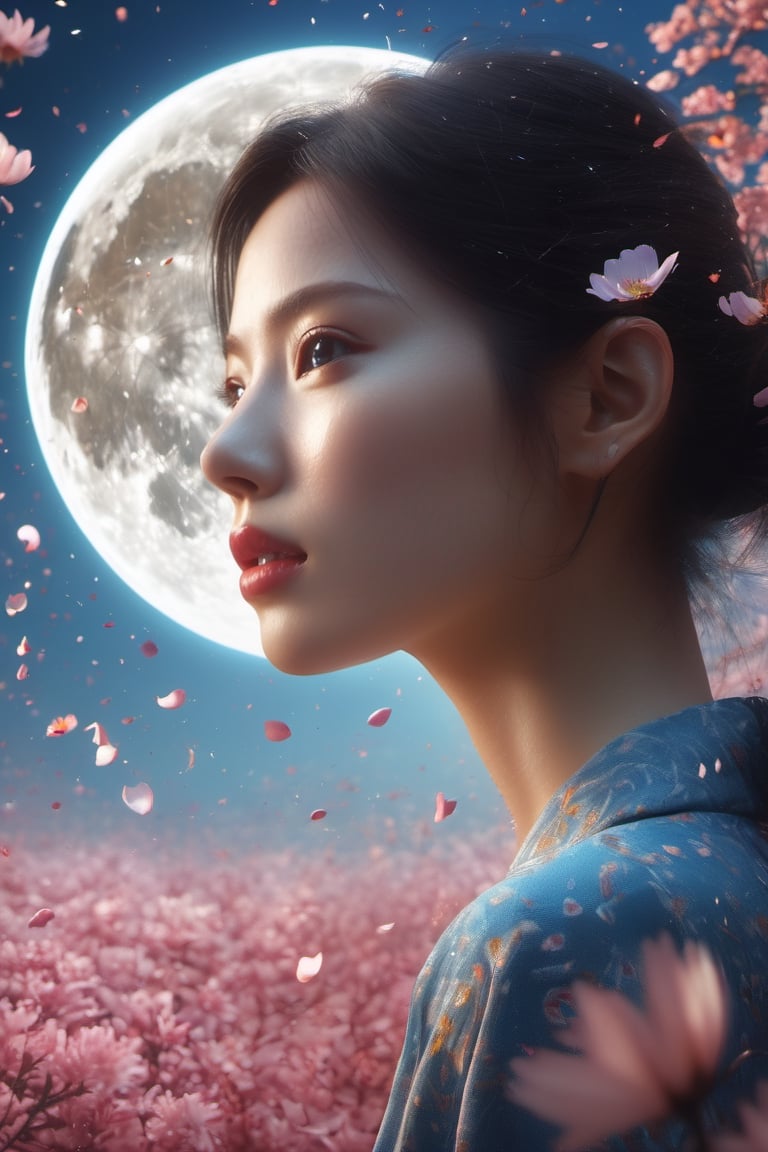 1girl, flower petals fly everywhere, natural skin texture, detailed skin, moon, 8k post production, high resolution, hyperdetailed, trending on artstation, sharp focus, intricate details, highly detailed,perfect hand, high detail, high detail skin, real skin, 8k, high_resolution, high quality, 