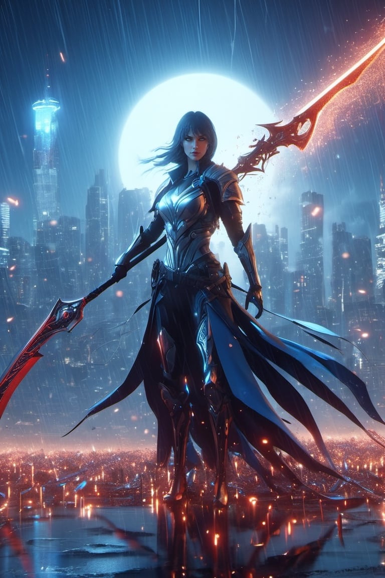 3d render, intricately detailed, white blue oragen red, Electric spark, scythe, stable diffusion, 1woman, glowing eyes, cityscape, staff, rain, cityskyline, glowing, polearm, gauntlets, science fiction, solo,holding scythe