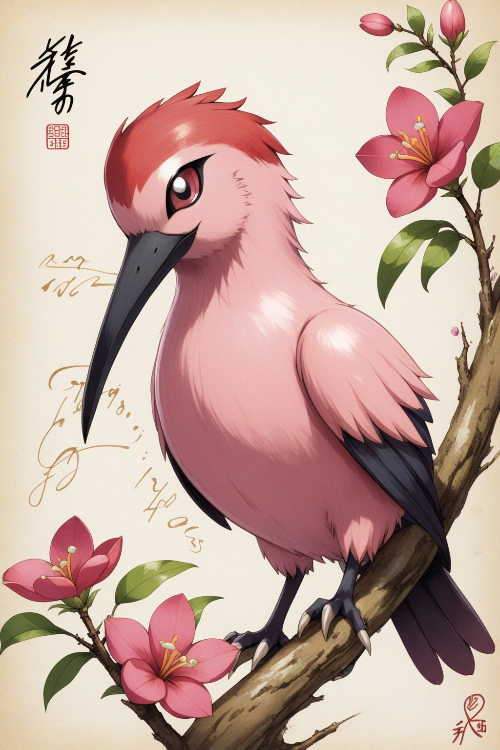 flower, signature, pokemon \(creature\), no humans, bird, traditional media, plant, pink flower, branch, animal focus