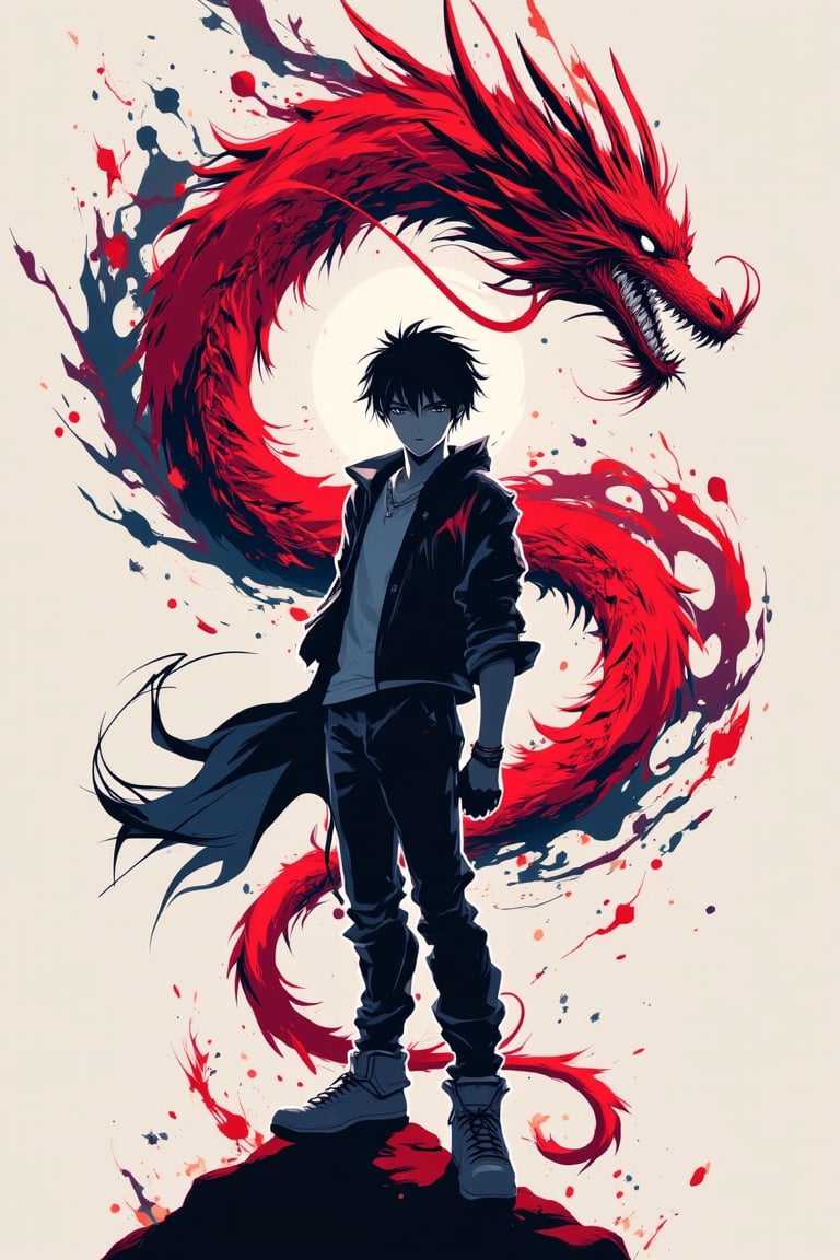 simple and minimalism, solo boy, WLOP art style, GhostBlade, Akatsuki,  dragon , 