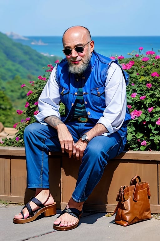 android 18,1girl, Turtle Immortal , 1old man, smile,Detailedface,k4k3k,beard,bald,old man,sunglasses,bag,sandals,chinese clothes