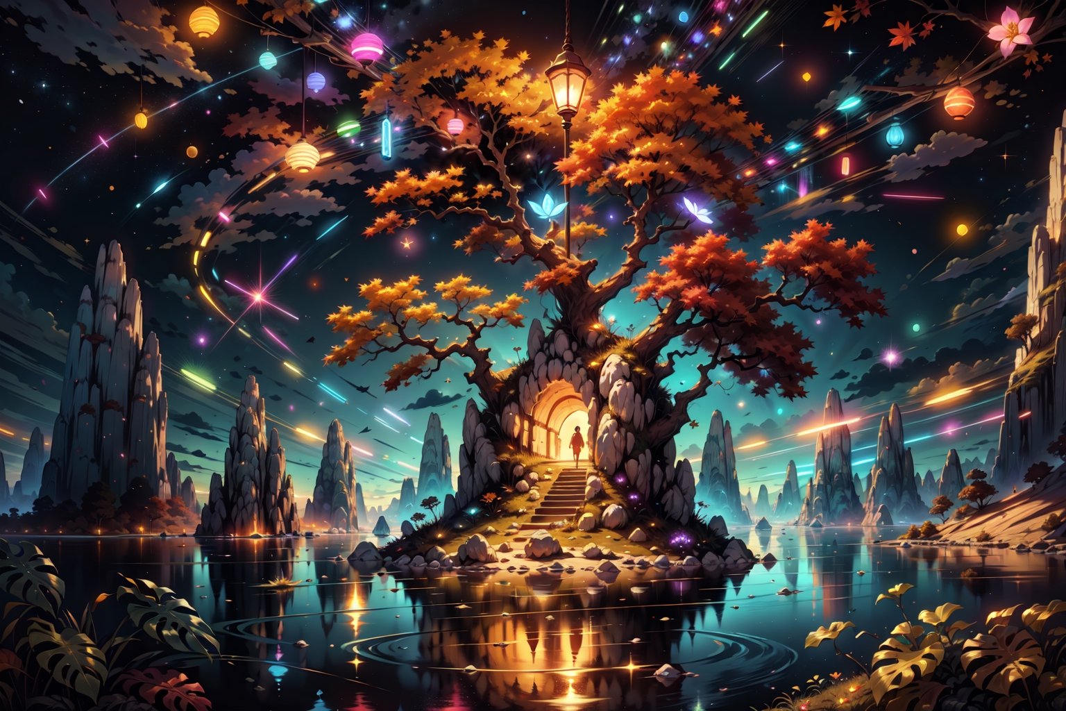 (high res) ,(masterpiece:1,2), (best quality), autumn, surrealism (karst bay at night:1.2), opalescence trees, neon flowers, whimsical, beautiful,no_humans