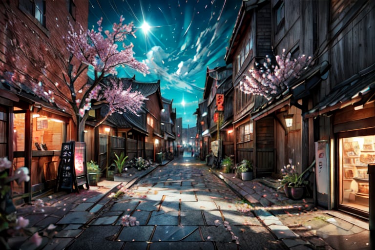 serene alley at night, noodles shop, plants, cherry blossom, cobblestone street,Science Fiction,yofukashi background