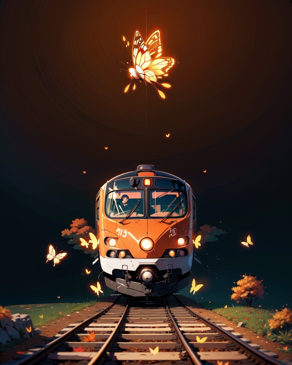 (high res) ,(masterpiece:1,2), (best quality), , dynamic, illustration of a high speed bullet train, neon butterflies, autumn, earthy colors, vector art, digital painting, soft lighting, aesthetics, 4K resolution, ,ink