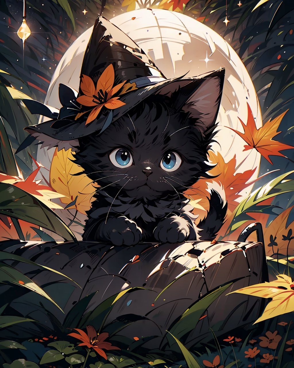 cute black kitten wearing a witch's hat, autumn, Hayao Miyazaki, realism comics, cosmic, Lighting details ,starry,
