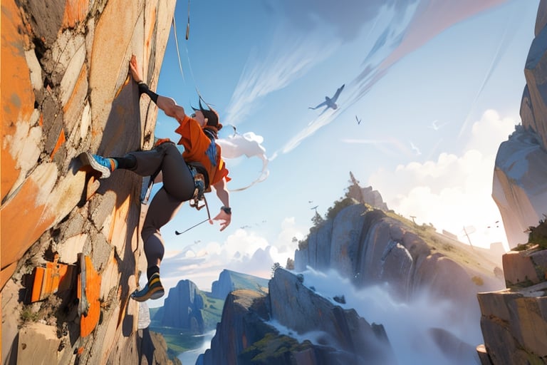 (high res) ,(masterpiece:1,2), (best quality), (wall climber:1.2), side view, grabbing the side of a cliff with one hand, heavenly clouds, dynamic angle,EnvyBeautyMix23