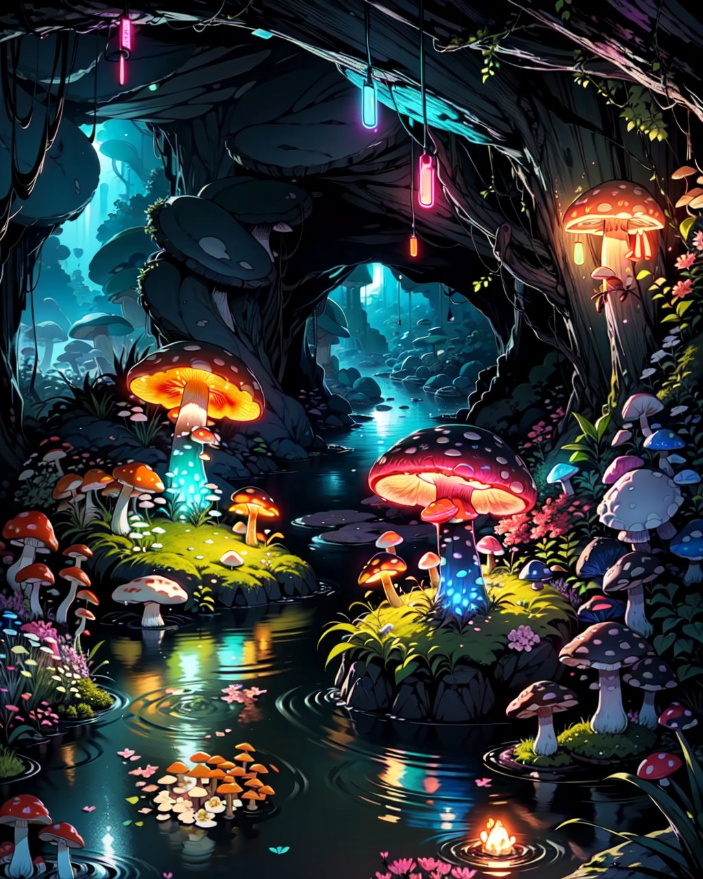 (high res) ,(masterpiece:1,2), (best quality), cave, (neon mushroom garden:1.2), moss on rocks, flowers,pond, opalescence, florescent, iridescent