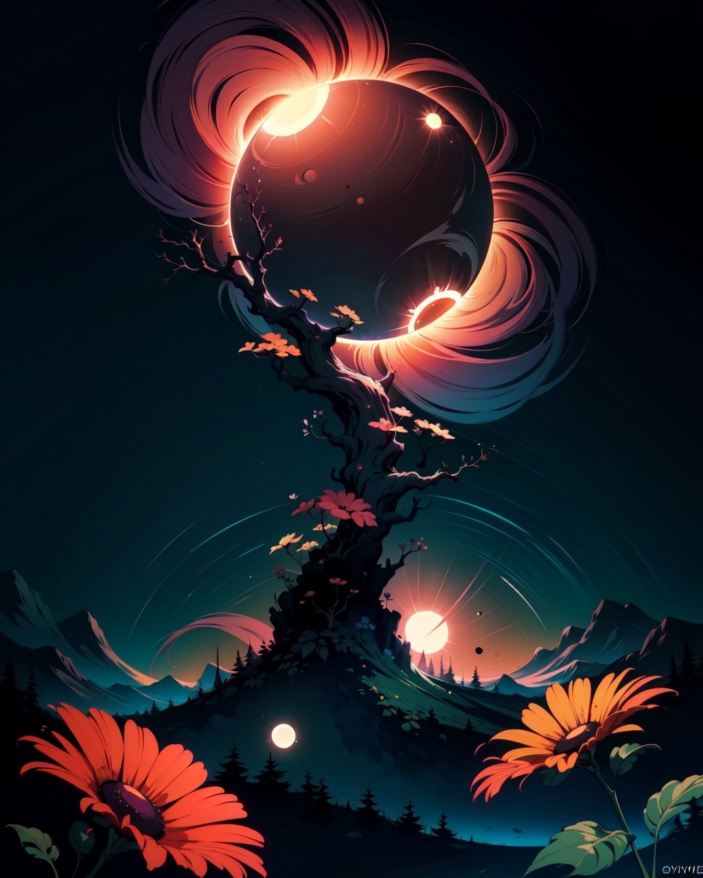 (high res) ,(masterpiece:1,2), (best quality), surrealism (Solar eclipse:1.2), in the style of Eyvind Earle, opalescence trees, neon flowers, whimsical, beautiful,no_humans