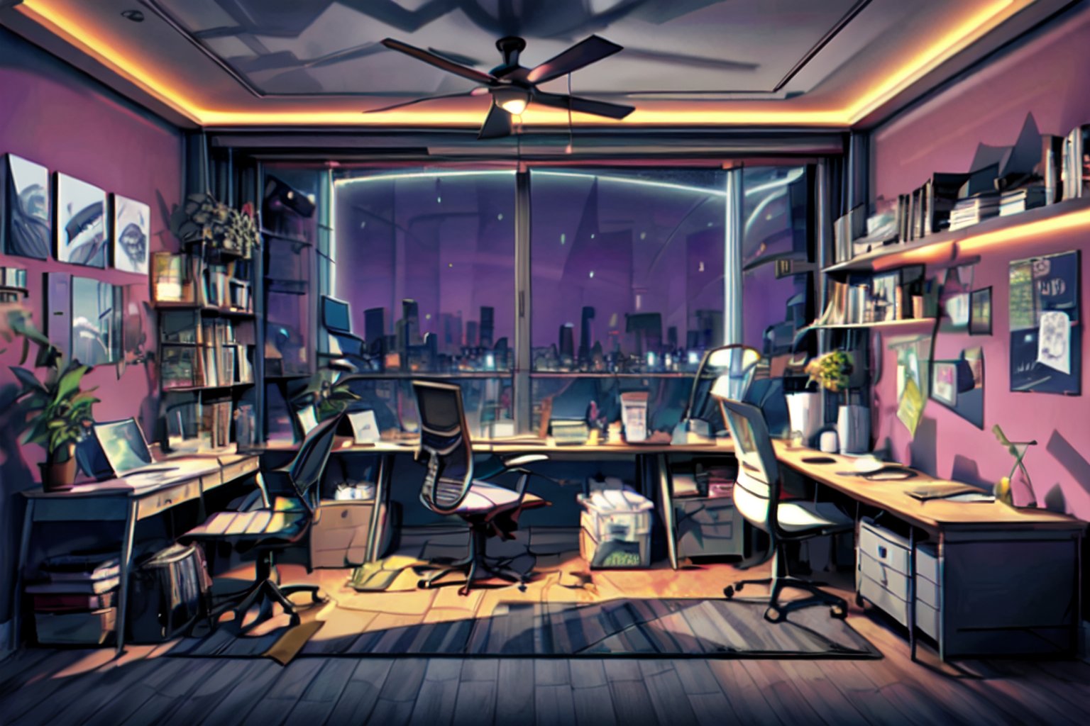 teenager bedroom, at night, bookshelves, desk, posters, plants,view of city lights, Science Fiction,yofukashi background,no_humans