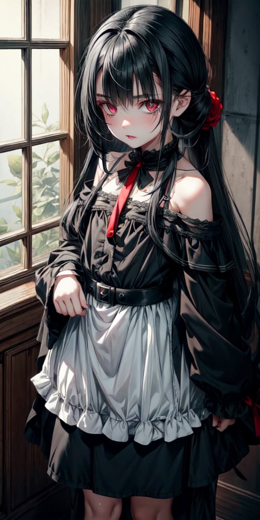 Little girl, emo, Long loose black hair covering right eye, big back pupils, white sclera, faded white skin, scar on left eye, short, long sleeved black buttoned dress, red rose in hair, full body,herzha