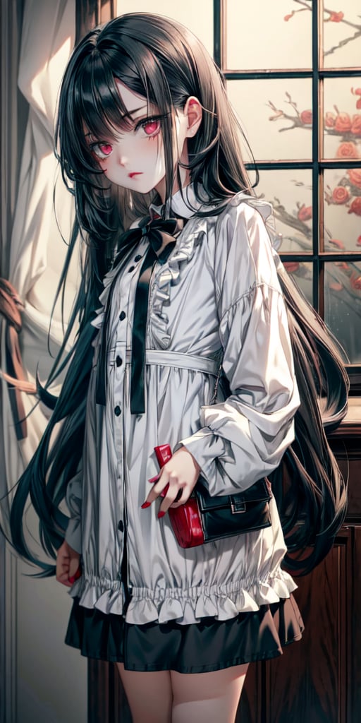 Little girl, emo, Long loose black hair covering right eye, big back pupils, white sclera, faded white skin, scar on left eye, short, long sleeved black buttoned dress, red rose in hair, full body,herzha