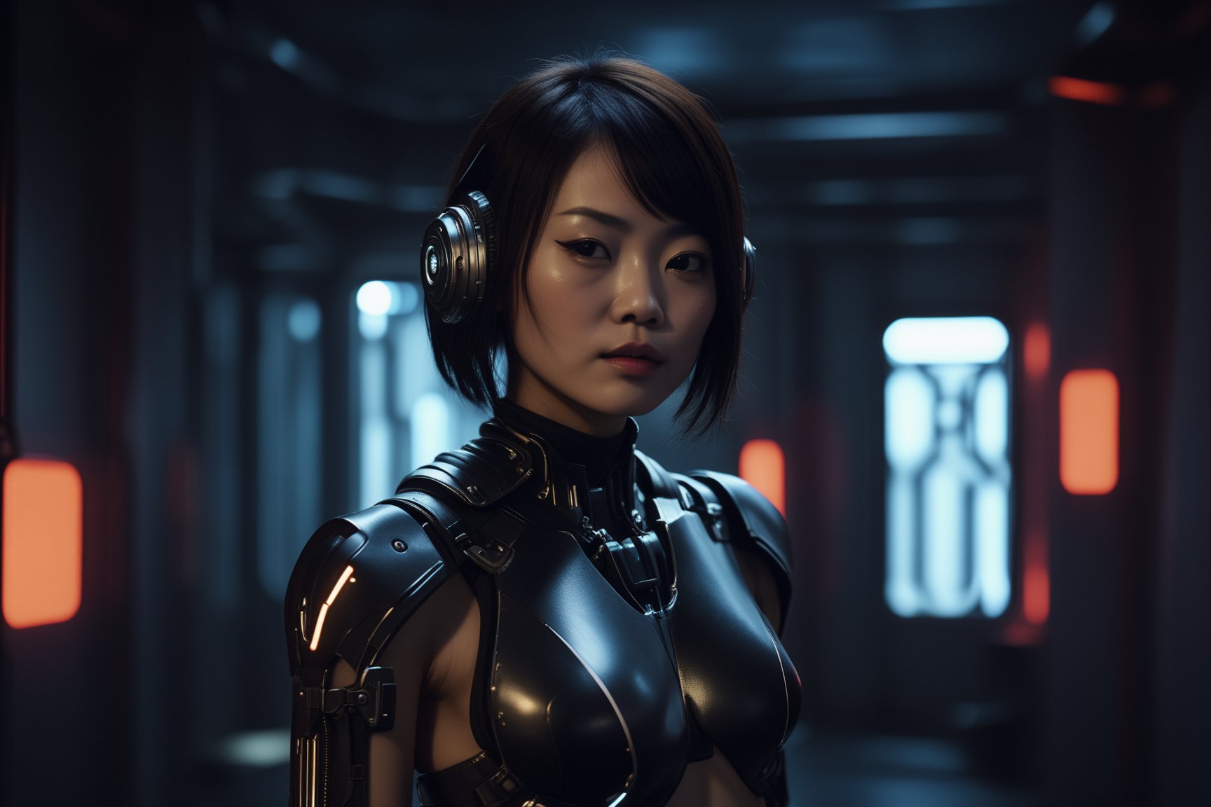cinematic shot of a japanese lady cyborg seducing the viewer in a cyberpunk bedroom, science fiction, dim light, solo, cinematic lighting, volumetric lighting