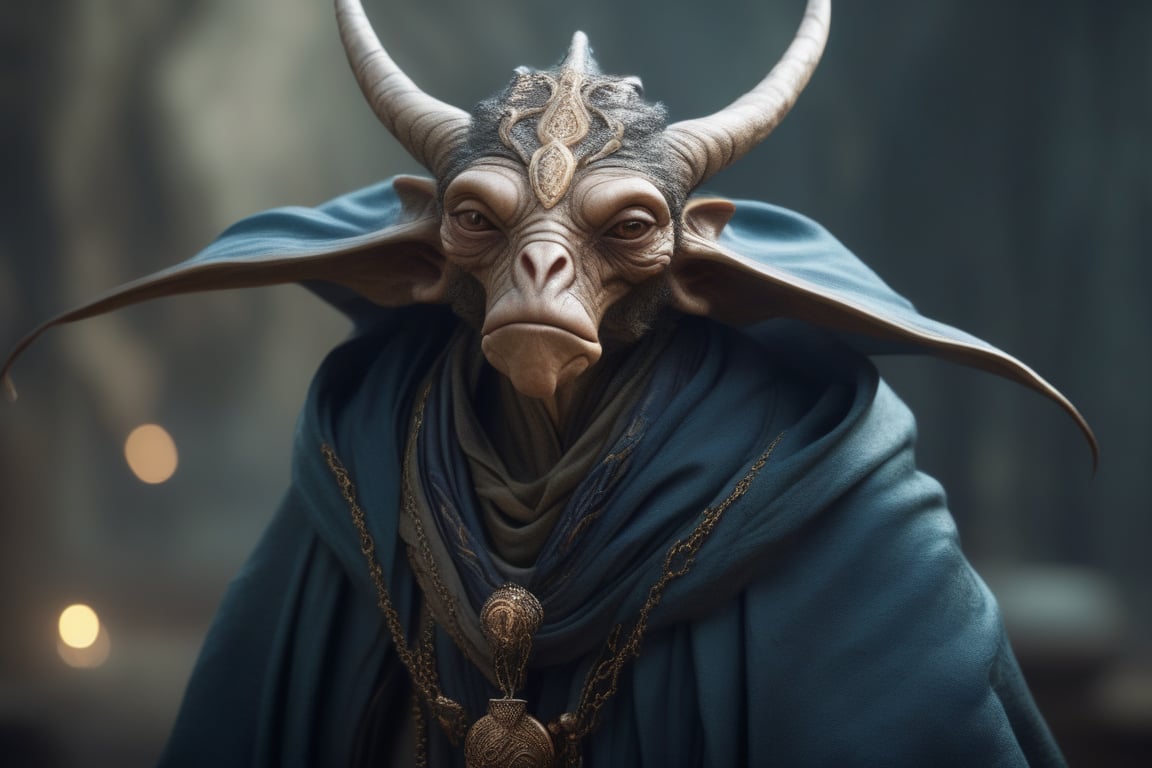 cinematic close up shot, powerful pose, intimidating look, a fantastical creature that blends the best of human, animal, and mythical traits, wearing a worn out robe, worn out old mage outfit, worn out scarfs flying in the air around the neck,