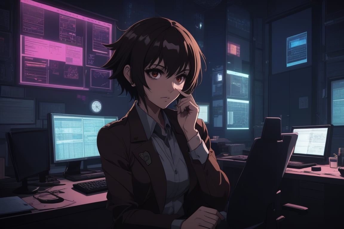 anime scene of a noir cyberpunk woman detective working a case in a dimly lit office, short messy hair, dark brown eyes, anime