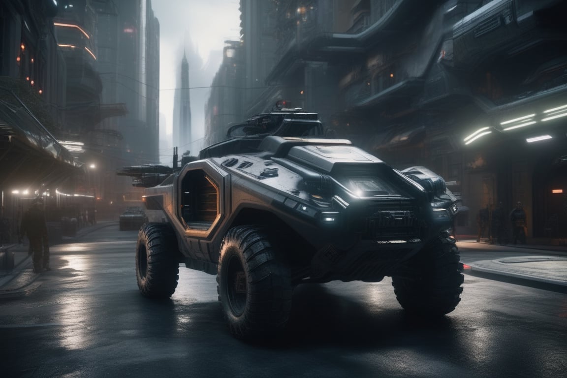 cinematic shot of a science fiction military ground vehicle roaming in a futuristic city, cinematic lighting