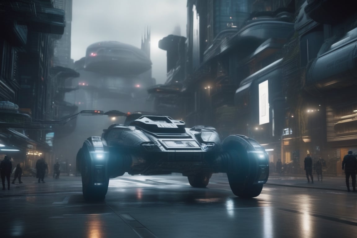 cinematic shot of a science fiction ground vehicle roaming in a futuristic city, cinematic lighting