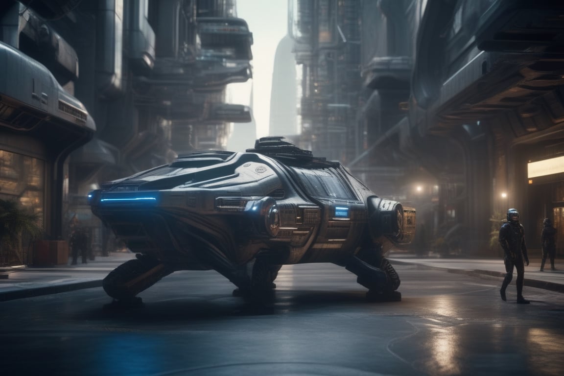 cinematic shot of a science fiction ground vehicle roaming in a futuristic city, cinematic lighting