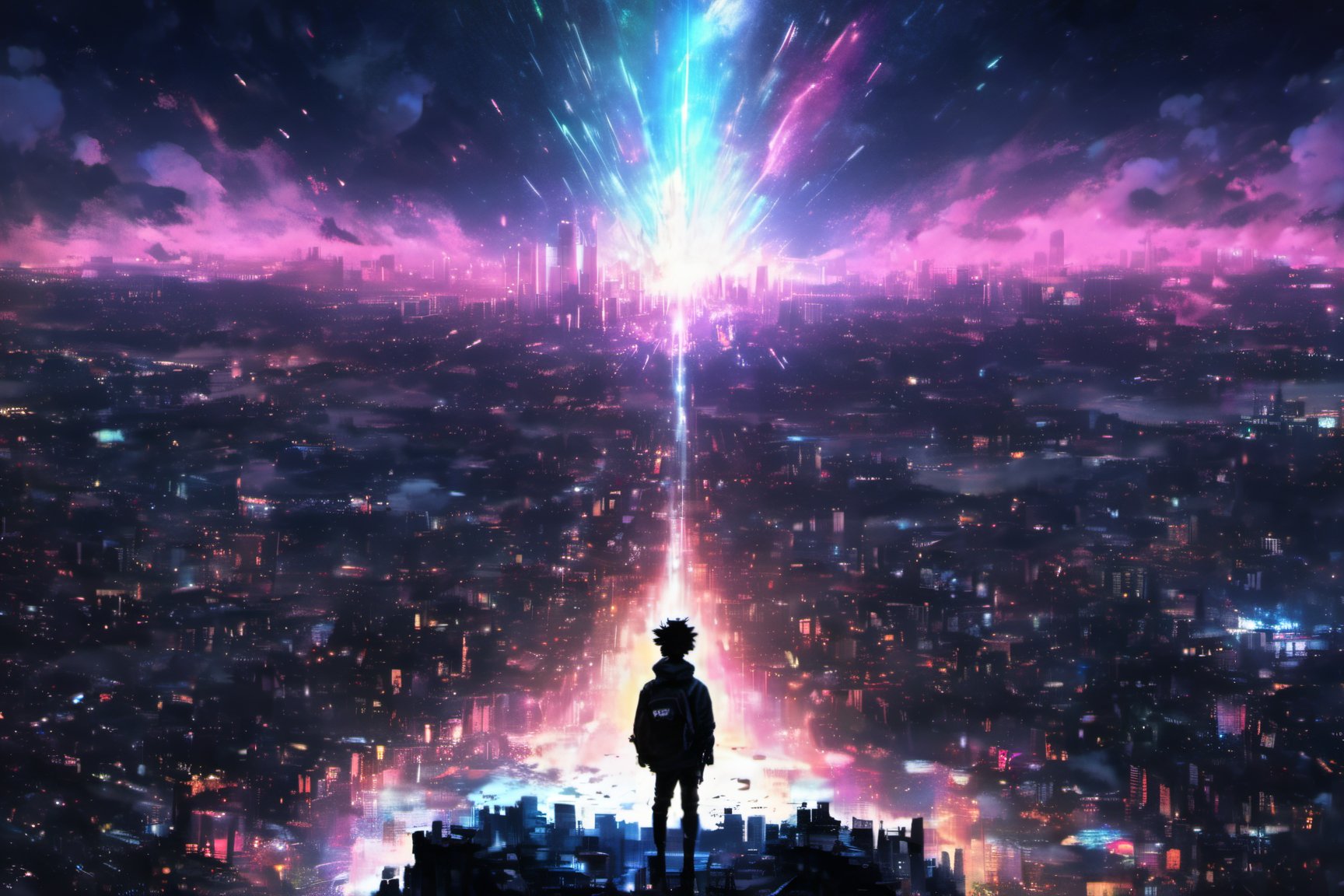 1boy, standing top of building, night city, neon light, buildings, beautiful view, raining, water drops,big bang, black hole, Explosion, lofi,EpicSky,ink scenery, cyborg style,aw0k,6000,beyond_the_black_rainbow