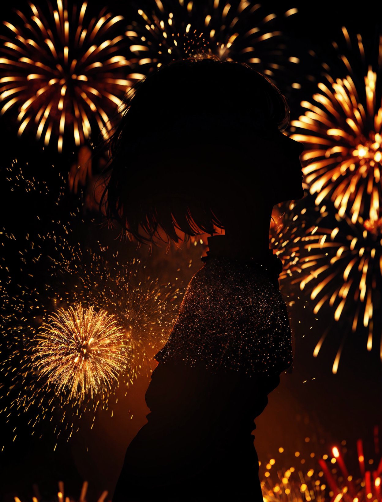 SILHOUETTE LIGHT PARTICLES, close up shot, fireworks background
