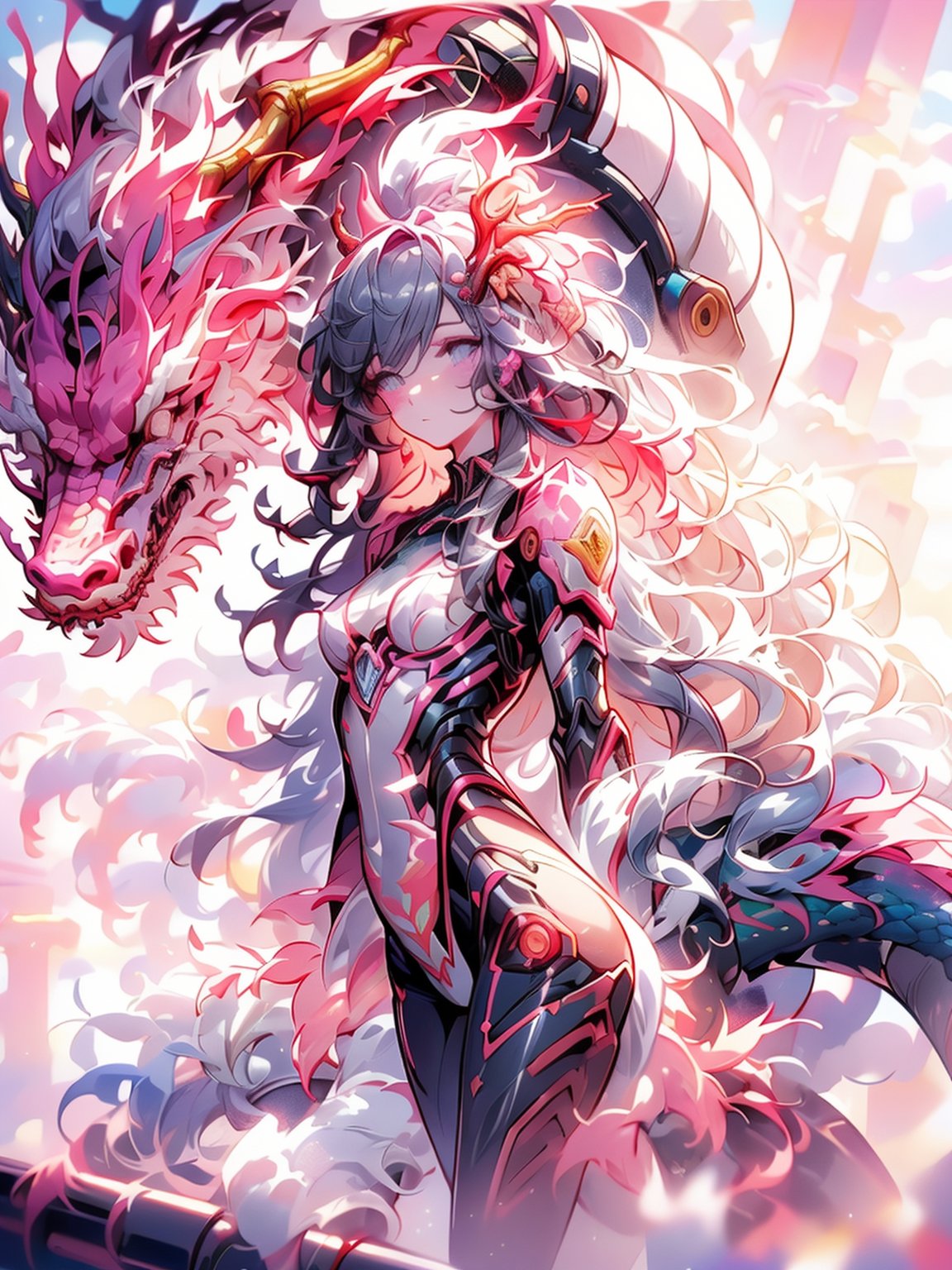 high resolution, image of a beautiful girl wearing a futuristic mechanical suit accompanied by a mechanical style dragon, futuristic ruined city in the background, sunset light in the distance, The general atmosphere is mildly sad but peaceful, transparent bodystocking, mecha, full_body, detailed anatomy, detailed face, extra detailed long multicolored hair, detailed grey eyes, 1 girl, imponent aura, perfecteyes,1 girl,fate/stay background,DragonCute