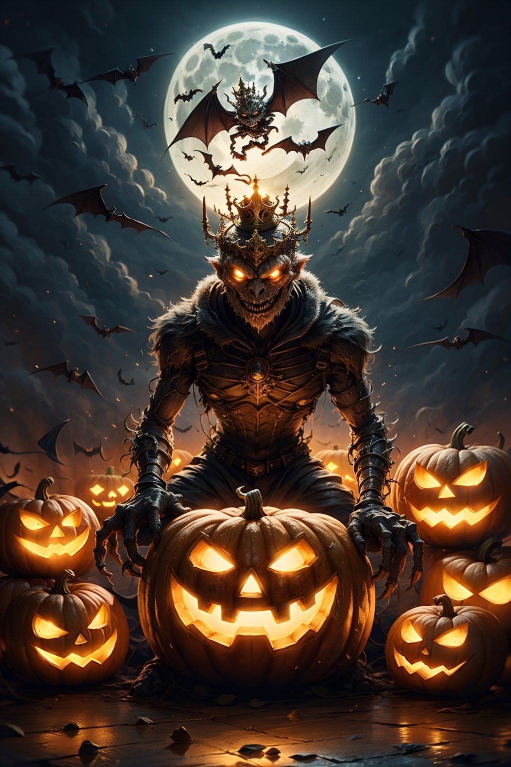 jack-o'-lantern monster, moon, bat \(animal\), full moon, night, sky, gloves, crown, night sky, male focus, jack-o'-lantern