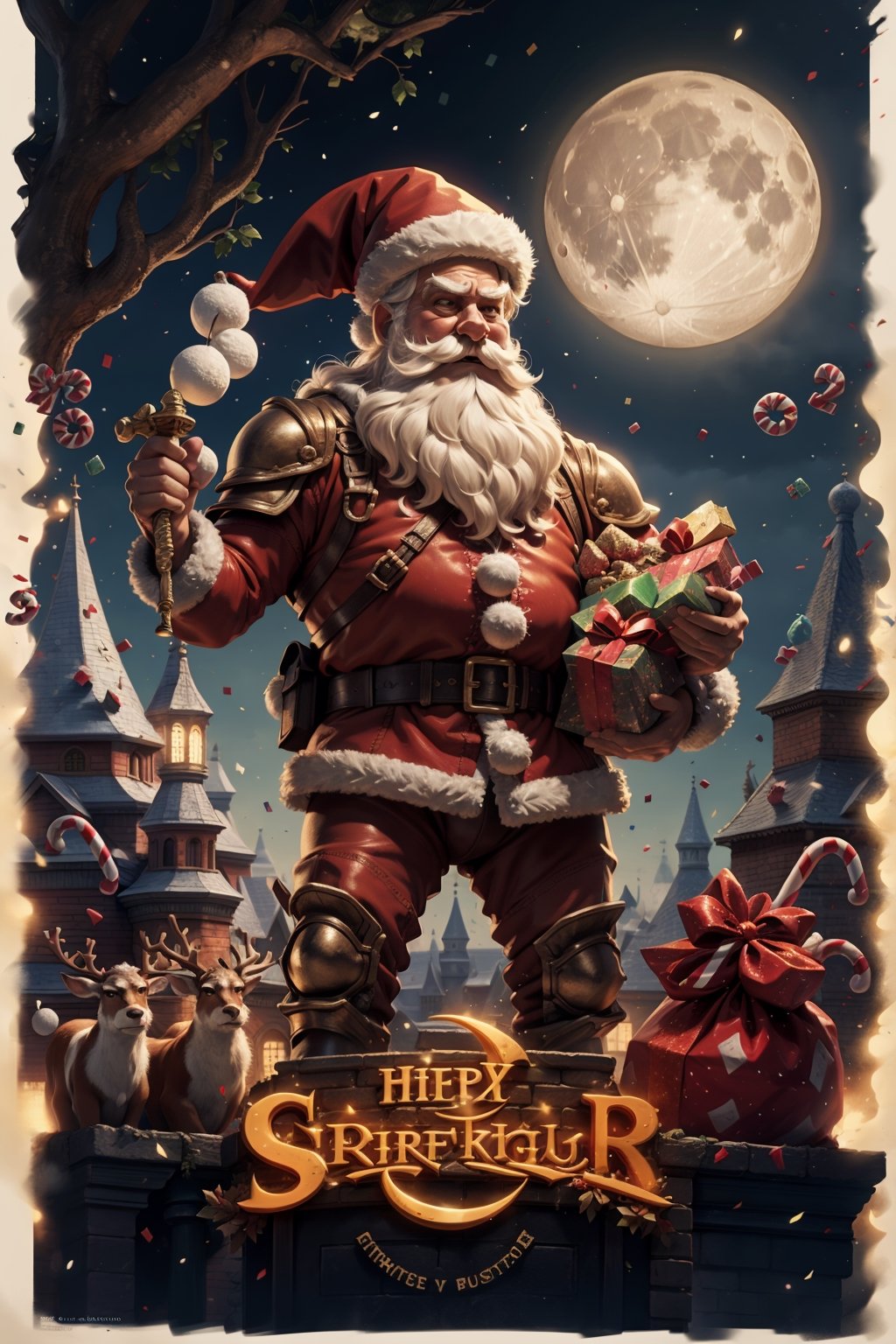 santa claus, poster \(medium\), santa costume, wizard, candy cane, food, candy, moon, weapon, sword, santa hat, beard, antlers, reindeer, sack, armor, full moon, facial hair, holding, helmet, tree