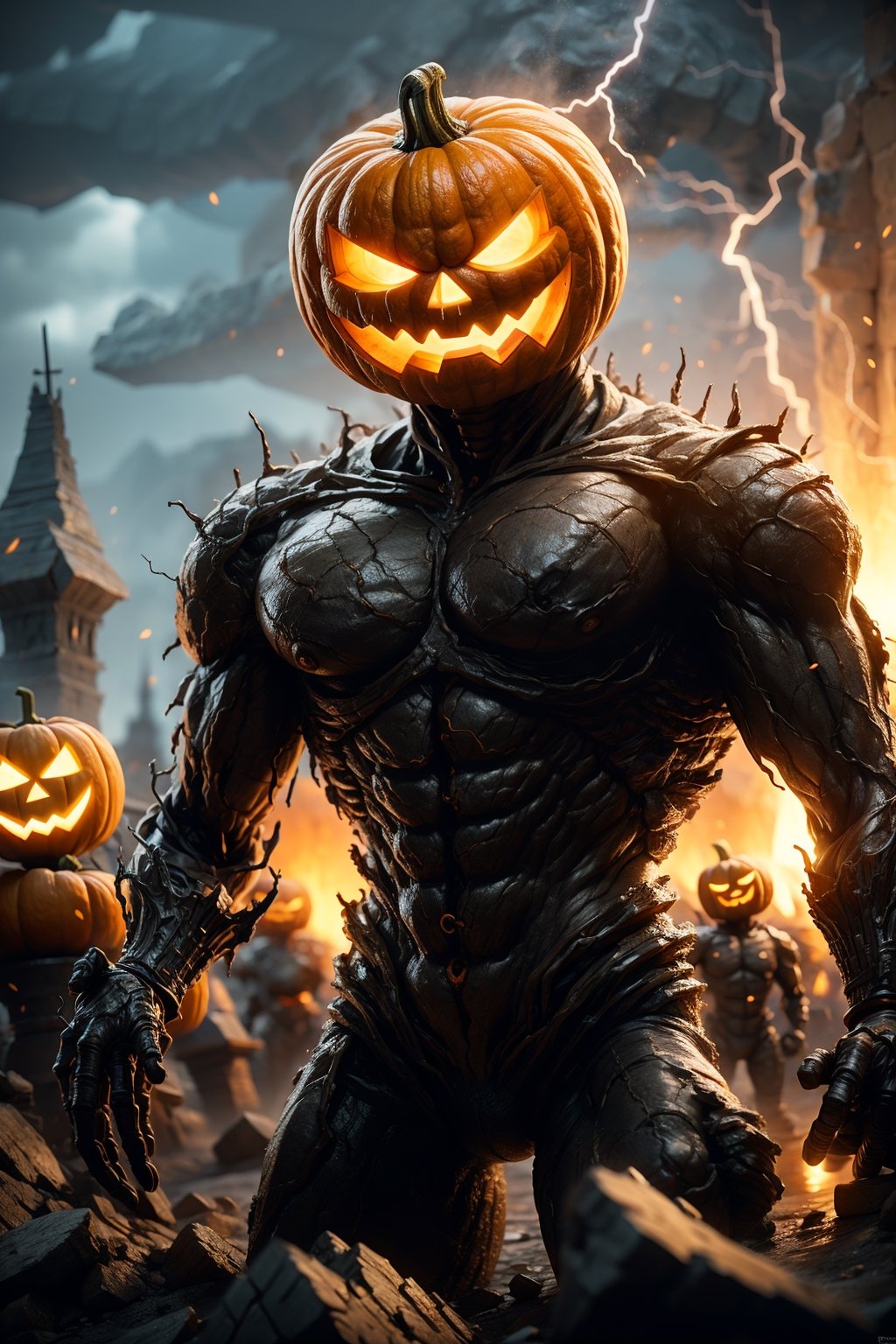 Jack o 'Lantern,black humanoid made of rock, , barechested, male, ((masterpiece, best quality)), , cracked skin, white electricity coming through cracks, muscular male, (dragonborn:0.6), outdoors, detailed background    , depth of field
,nvwashi