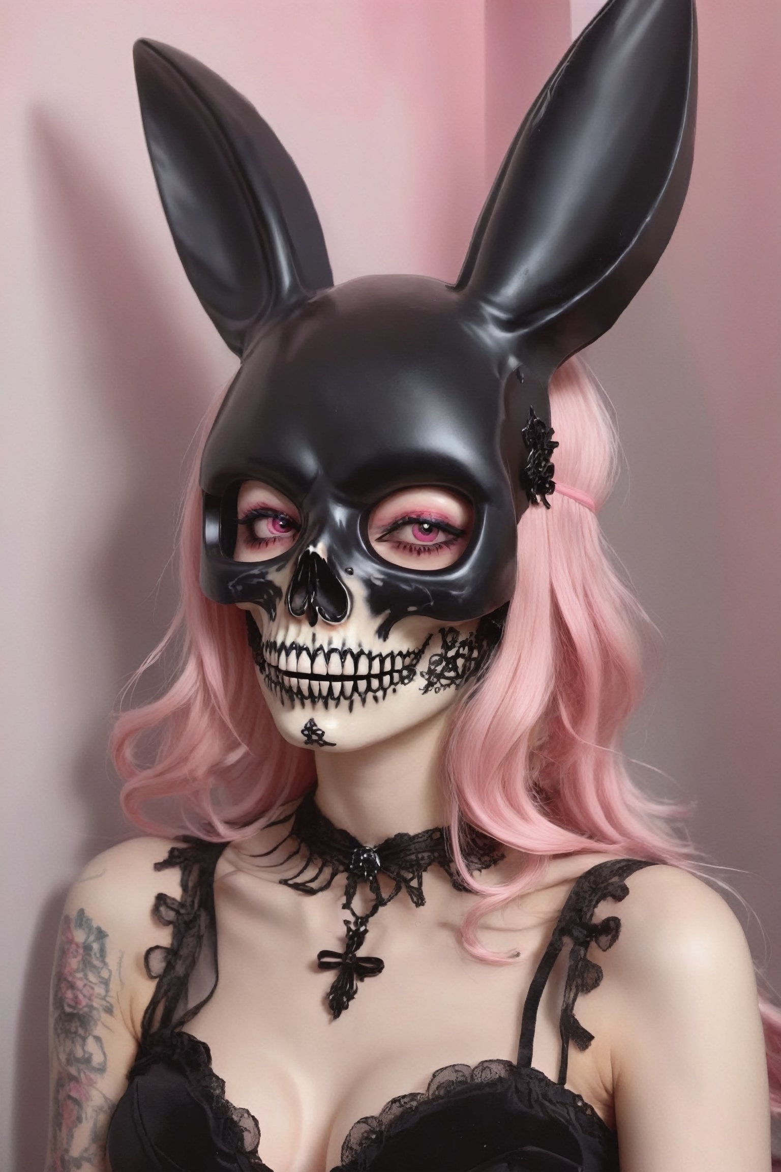 bunny mask, deathly figure in pink Lolita fashion, embodying a Santa Muerte-inspired aesthetic,Seamlessly blend the cute and macabre elements, incorporating pink hues and frills into the traditional imagery of the Grim Reaper,Ensure a visually captivating representation that captures the unique fusion of Pink Lolita and Santa Muerte imagery, creating a stylish and intriguing character through innovative image generation techniques,,epoxy_skull,goth person,kawaiitech,skll,