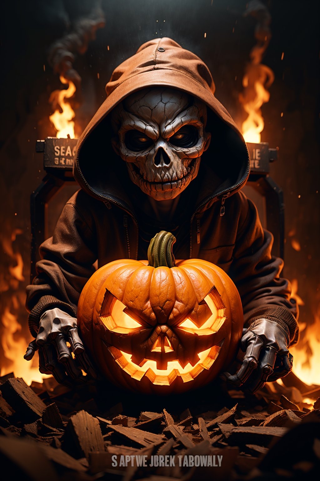 Poster, English text,, embers,hat, jack-o'-lantern, monster, male focus, skeleton, hood, jacket, gloves, mask, long sleeves