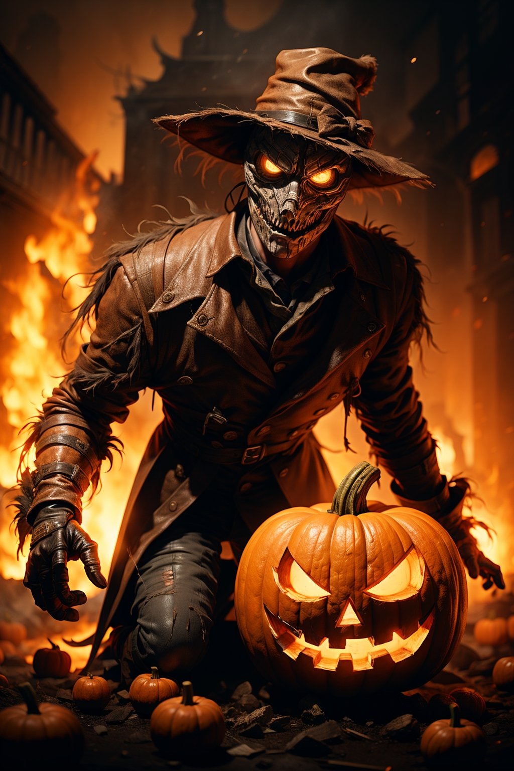 hat, 1boy, male focus, glowing eyes, mask, fire, trench coat, coat, glowing, torn clothes, gloves, hunter \(bloodborne\), yellow eyes,jack-o'-lantern