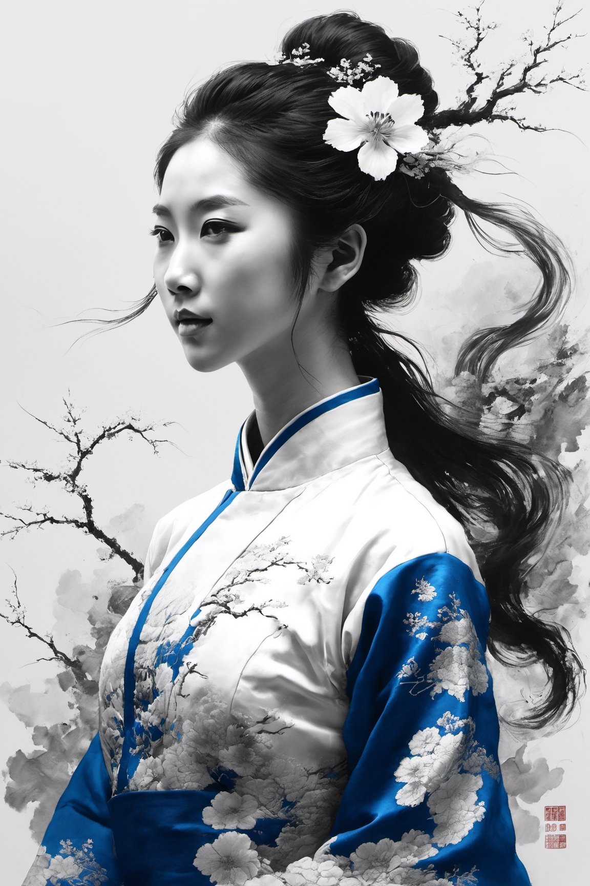 duotone white and blue,1girl,flowers,cheongsam,Embroidery,Long hair, , white hair,(blindfold),The wind blows, close-up,chinese dragon
,oil paint