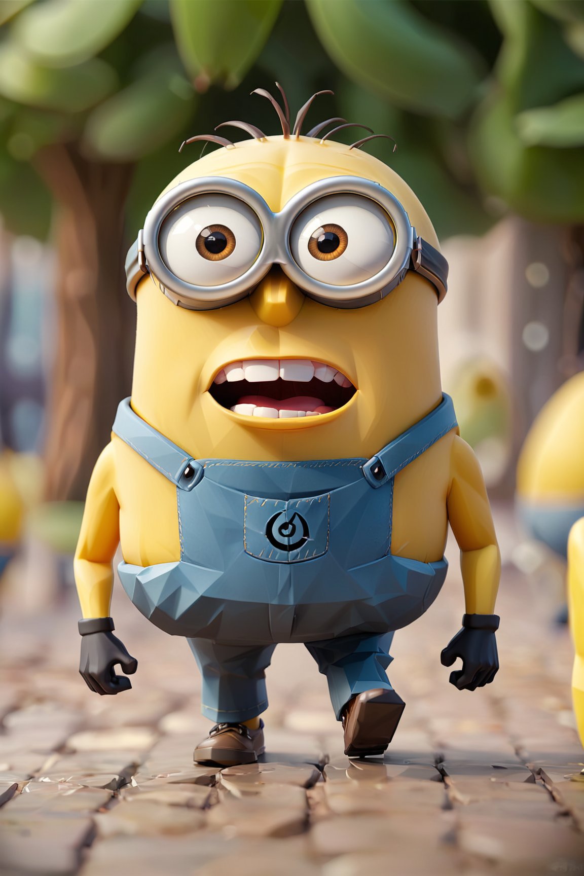 (smiling Minion dressed as the recognizable leader with a distinctive short haircut:1.6). A unique haircut characterized by its contrasting lengths between the top and the sides, A structure made from bananas positioned behind. Many Minions clinging to a large, finned device. Banana bunches are attached to this cylindrical object with tail fins, dominant Minion figure, expressive pose, prominent banana 
