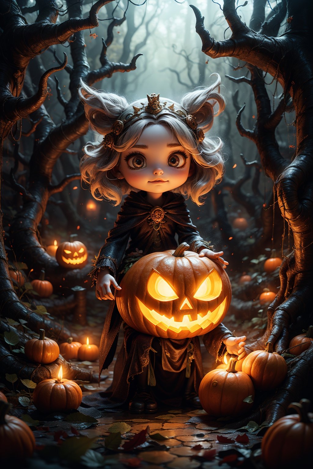 Best picture quality, cute art style, a cute little girl, mysterious forest, anthropomorphic tree spirit, holding a pumpkin lantern, following a floating, cute little ghost, full of details
